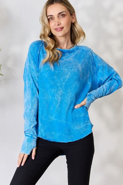 Crew Neck Long Sleeve Cotton Top in Ocean BlueTopZenana