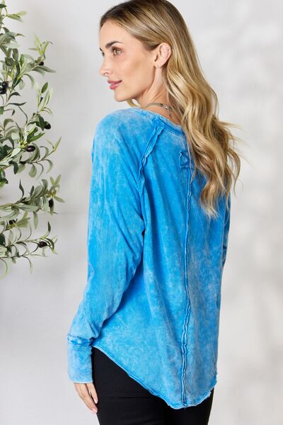 Crew Neck Long Sleeve Cotton Top in Ocean BlueTopZenana