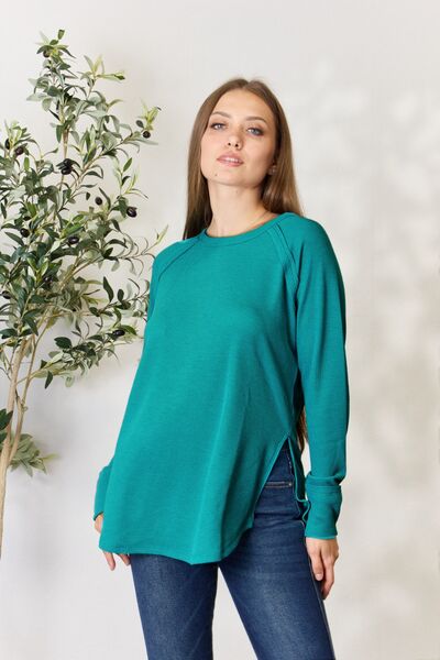 Crew Neck Long Sleeve Side Slit Top in Light TealTopZenana