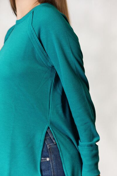 Crew Neck Long Sleeve Side Slit Top in Light TealTopZenana