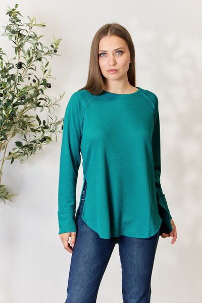 Crew Neck Long Sleeve Side Slit Top in Light TealTopZenana