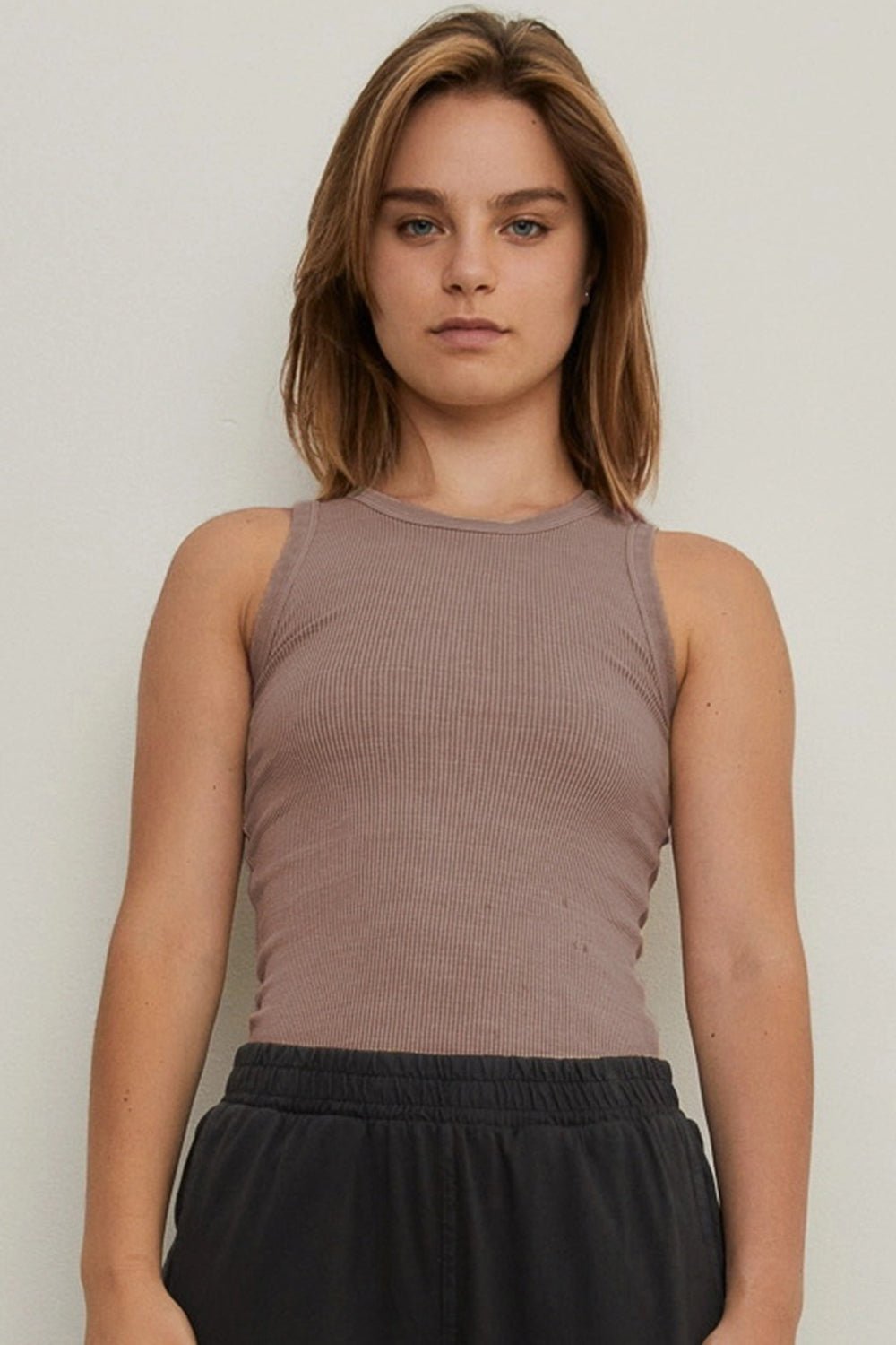 Crew Neck Ribbed Cropped Tank in Coca MochaTankTHE BLANK LAB