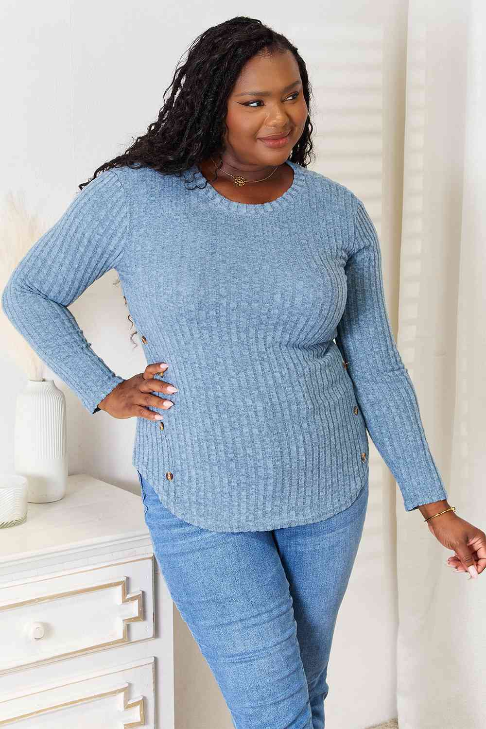 Crew Neck Ribbed Long Sleeve T-Shirt in Misty BlueTeeDouble Take