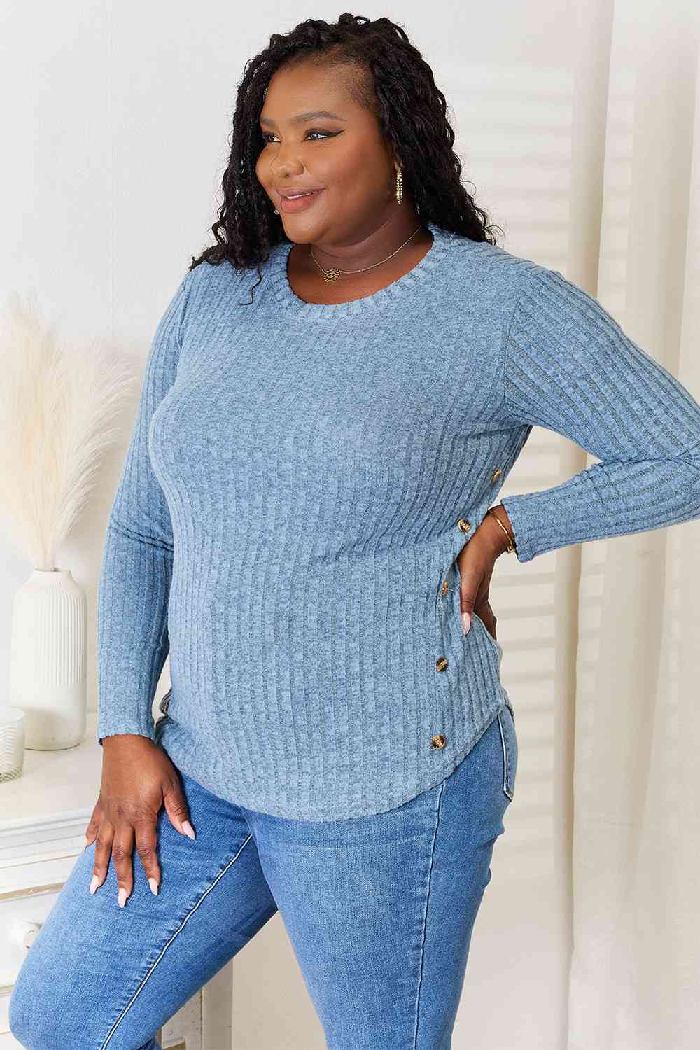Crew Neck Ribbed Long Sleeve T-Shirt in Misty BlueTeeDouble Take