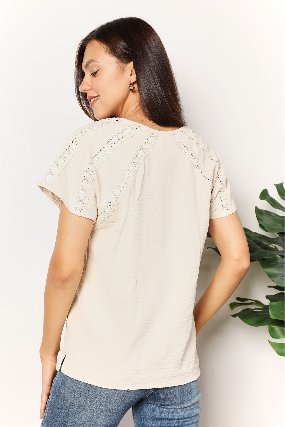 Crochet Buttoned Short Sleeve TopTopDouble Take