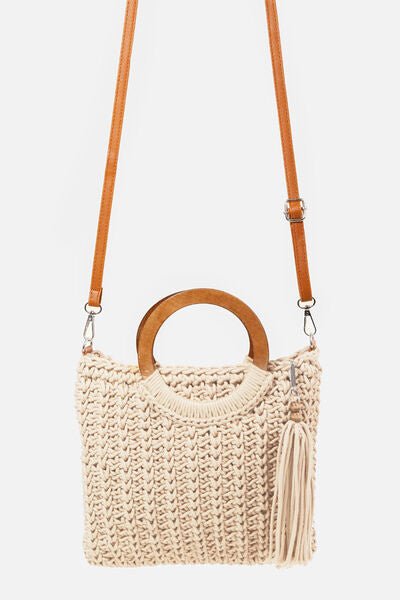 Crochet Knit Wooden Handle Tote Bag with TasselTote BagFame