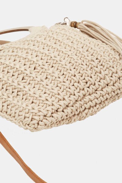 Crochet Knit Wooden Handle Tote Bag with TasselTote BagFame