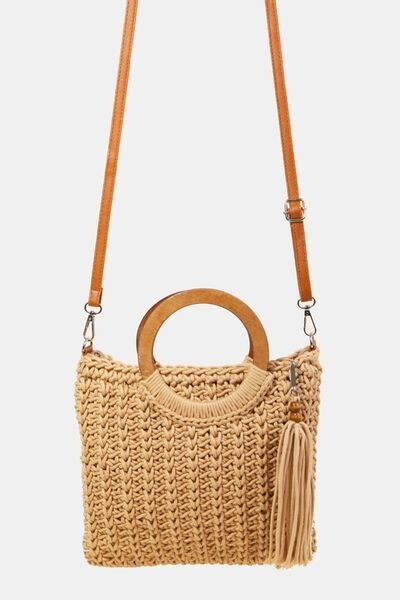 Crochet Knit Wooden Handle Tote Bag with TasselTote BagFame