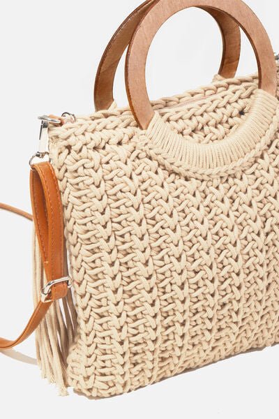 Crochet Knit Wooden Handle Tote Bag with TasselTote BagFame