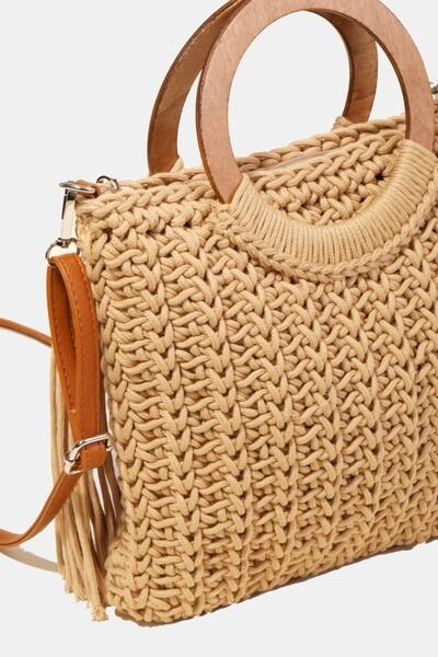 Crochet Knit Wooden Handle Tote Bag with TasselTote BagFame