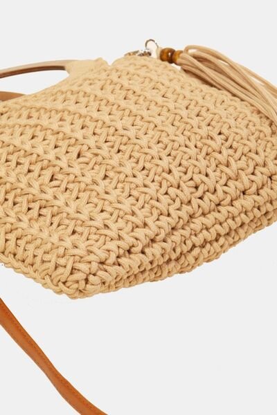 Crochet Knit Wooden Handle Tote Bag with TasselTote BagFame