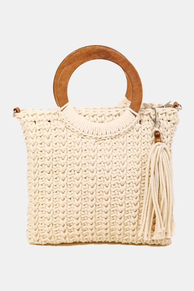 Crochet Knit Wooden Handle Tote Bag with TasselTote BagFame