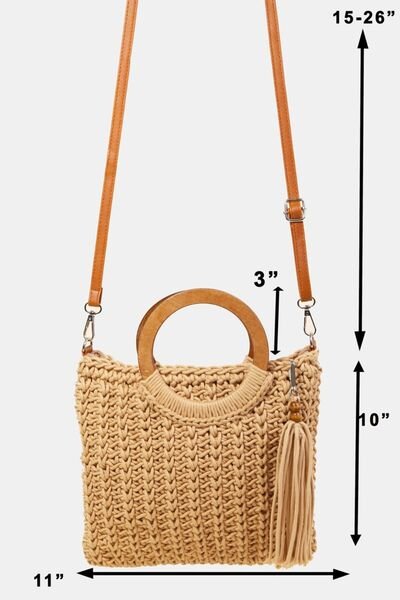 Crochet Knit Wooden Handle Tote Bag with TasselTote BagFame