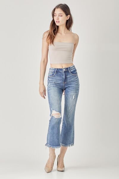 Dark Wash High Waist Distressed Cropped Bootcut JeansJeansRISEN