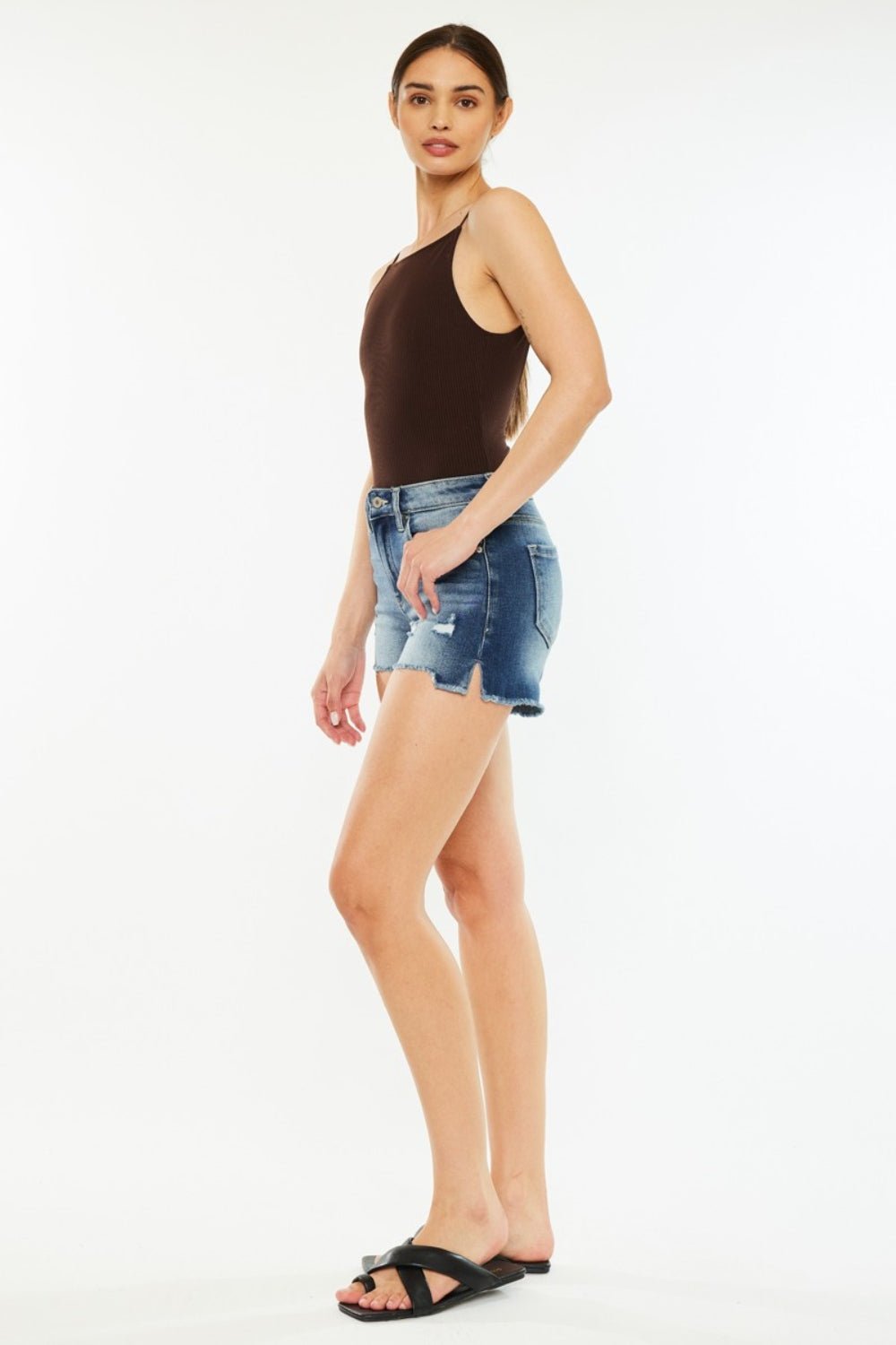 Dark Wash High Waist Raw Hem Denim ShortsShortsKancan