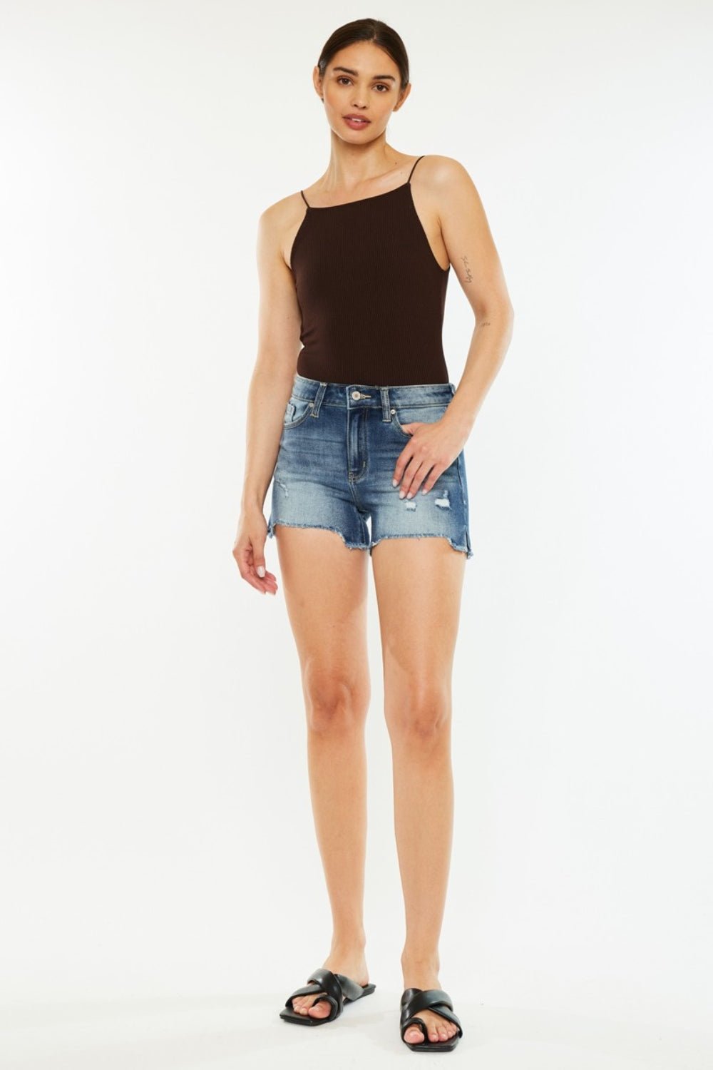 Dark Wash High Waist Raw Hem Denim ShortsShortsKancan