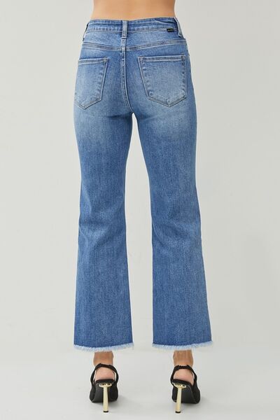 Dark Wash High Waist Raw Hem Straight Leg JeansJeansRISEN