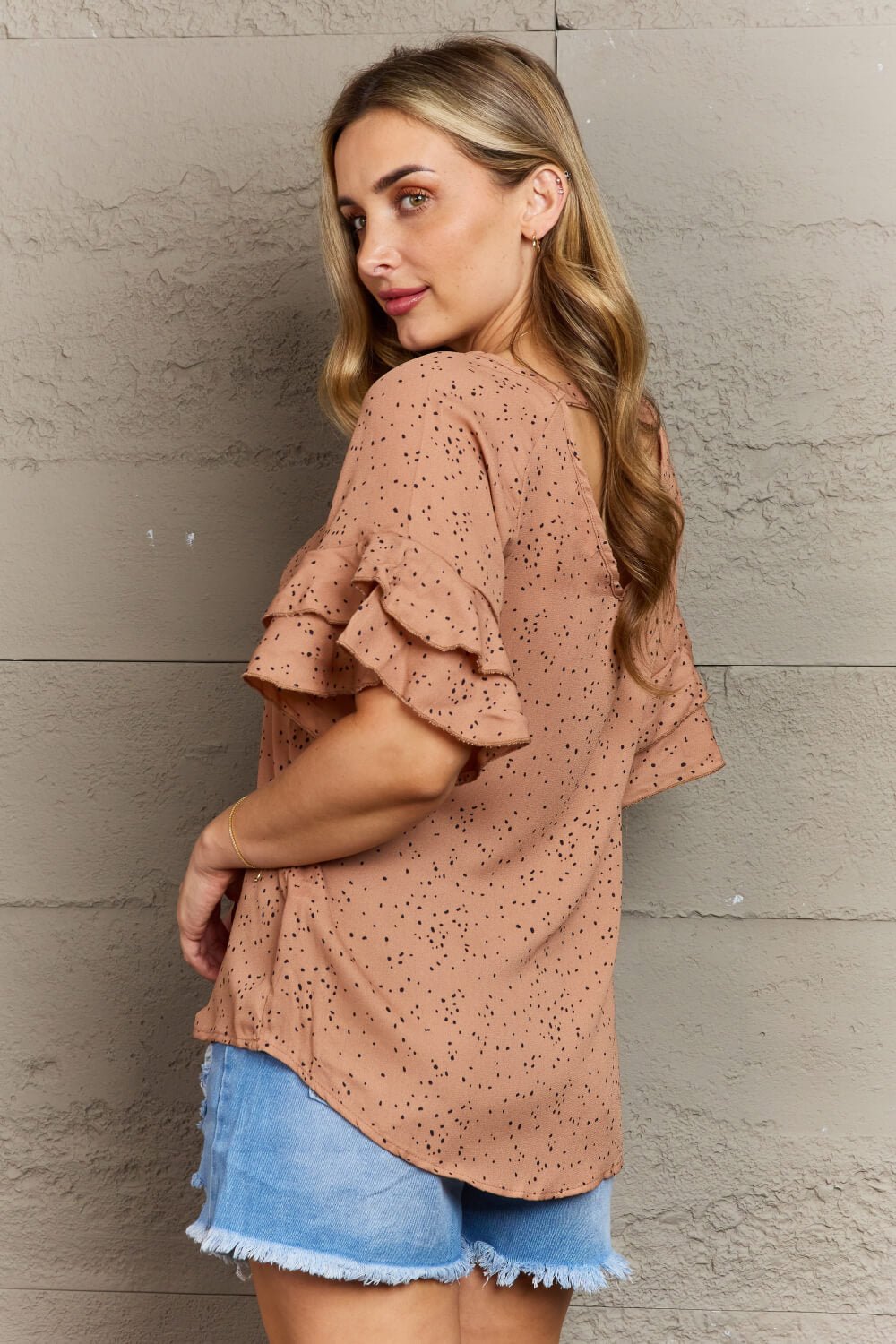 Polka Dot Flutter Sleeve Woven Top in TanTopHailey & Co