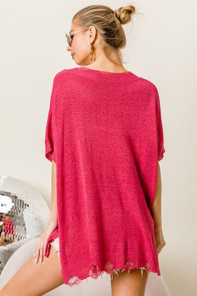 Distressed Hem V-Neck Tunic Sweater in FuchsiaSweaterBiBi