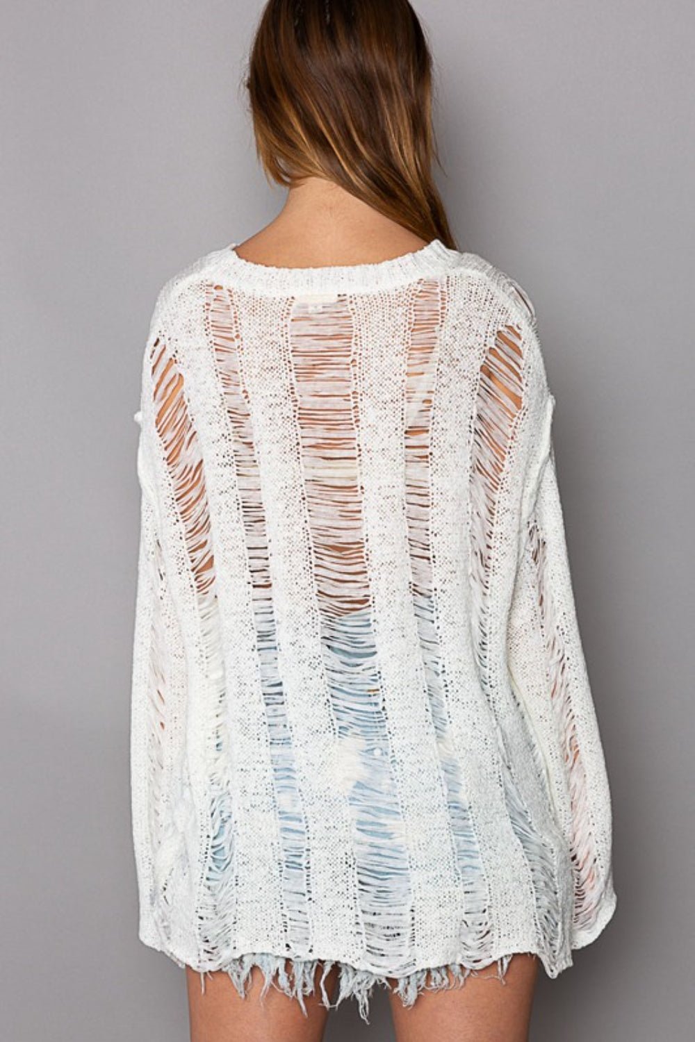 Distressed Long Sleeve Knit Cover Up Top in IvoryCover-UpPOL