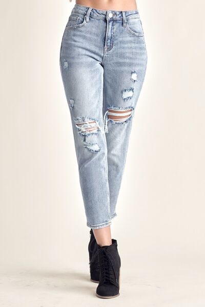Distressed Slim Medium Wash Cropped JeansJeansRISEN