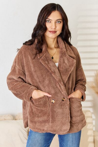 Double Breasted Fuzzy Coat in New TaupeCoatCulture Code
