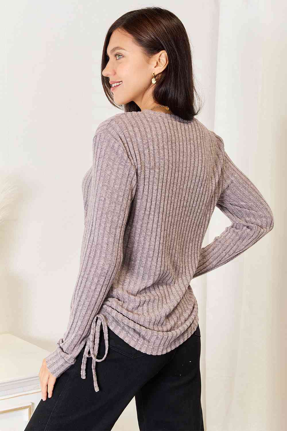 Drawstring Ribbed Long Sleeve T-ShirtTeeDouble Take