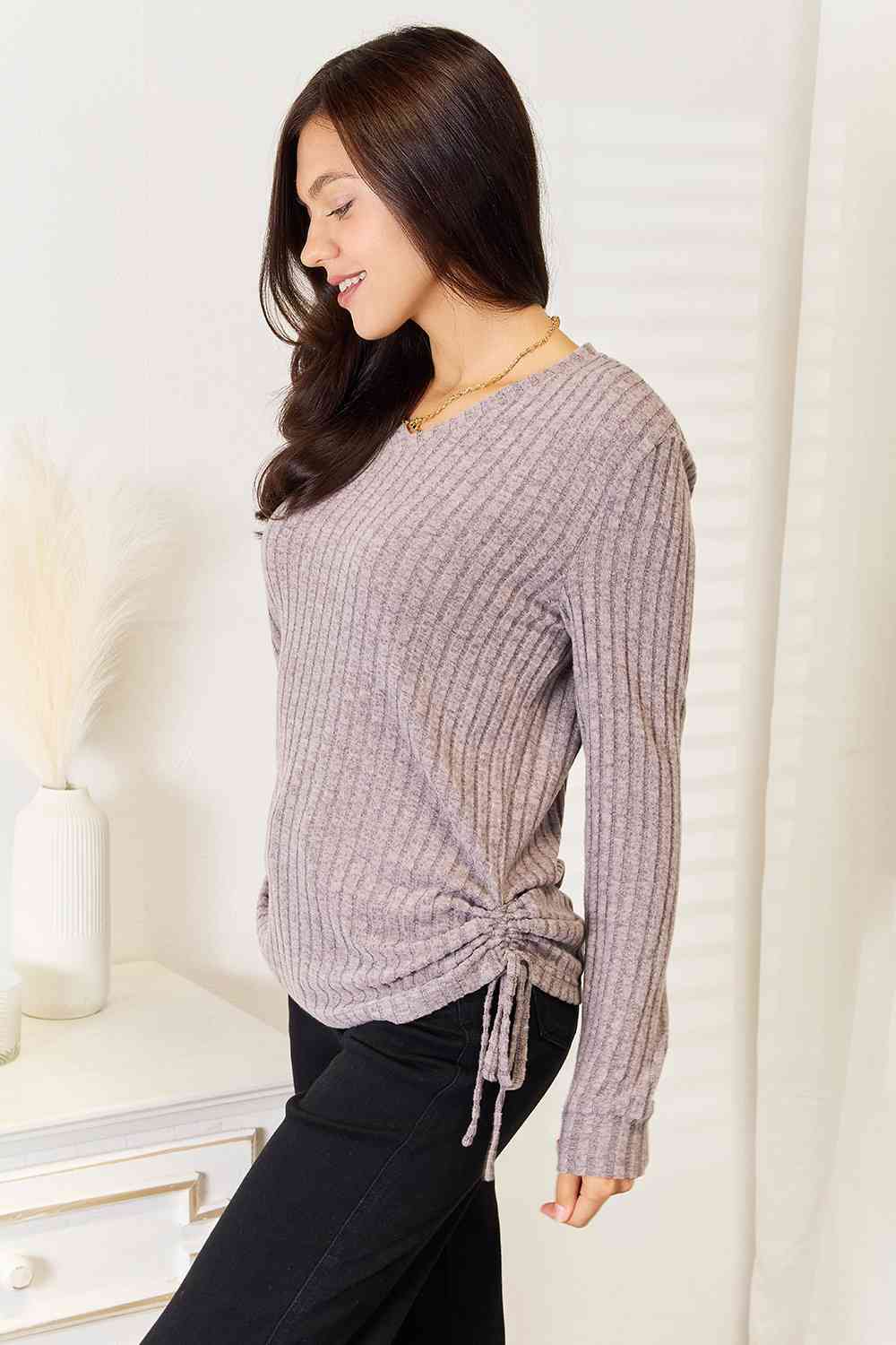 Drawstring Ribbed Long Sleeve T-ShirtTeeDouble Take