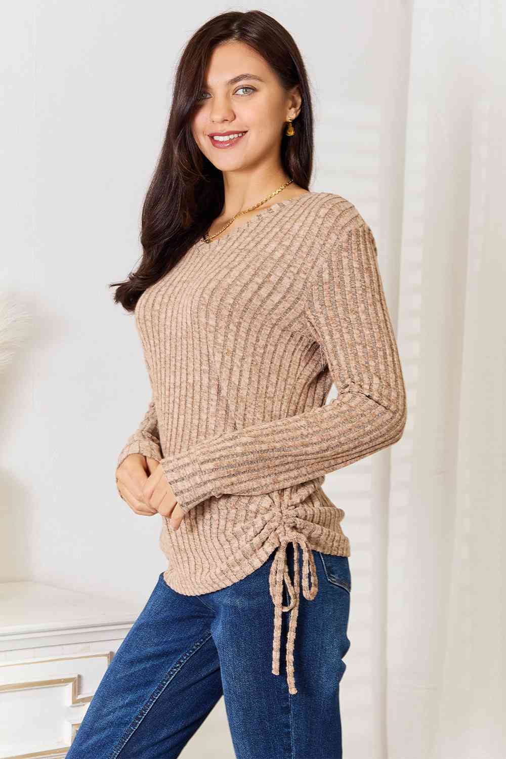Drawstring Ribbed Long Sleeve T-ShirtTeeDouble Take