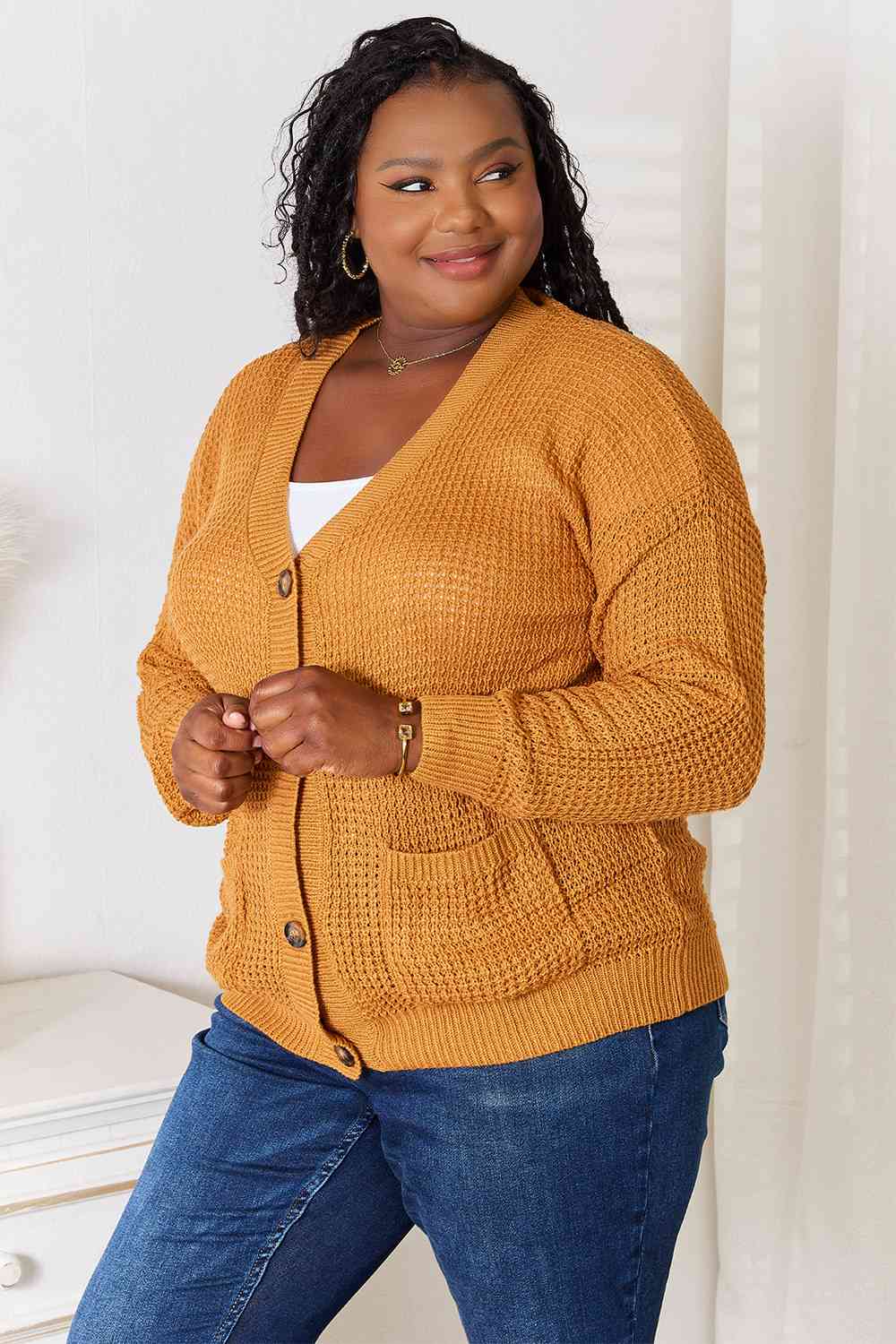 Drop Shoulder Button Down Cardigan with Pockets in ChartreuseCardiganDouble Take