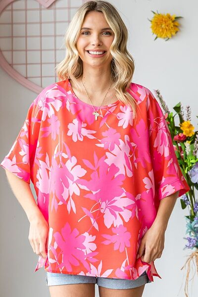 Floral Print Half Sleeve Blouse in Coral MultiBlouseFirst Love