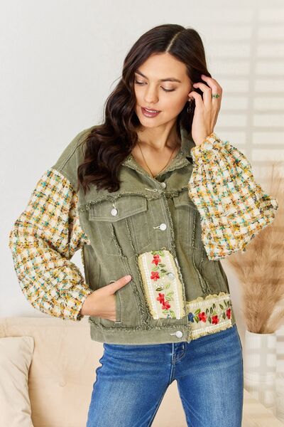 Embroidered Button Down Raw Hem Cotton Shacket in OliveShacketPOL