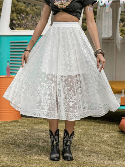 Embroidered Elastic Waist Midi Skirt in WhiteMidi SkirtBeach Rose Co.