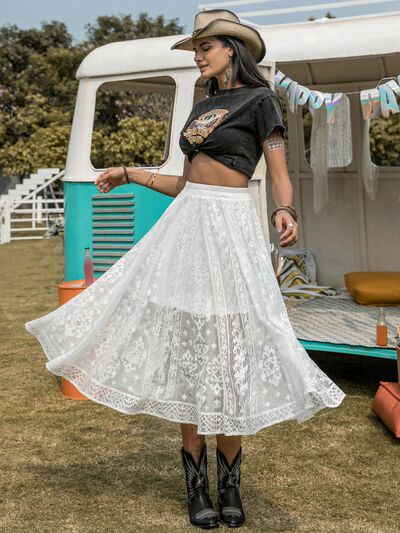 Embroidered Elastic Waist Midi Skirt in WhiteMidi SkirtBeach Rose Co.