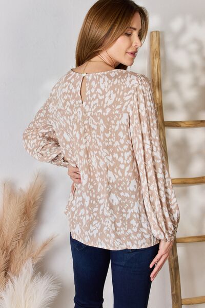 Embroidered Printed Balloon Sleeve Rayon Blouse in TaupeBlouseHailey & Co