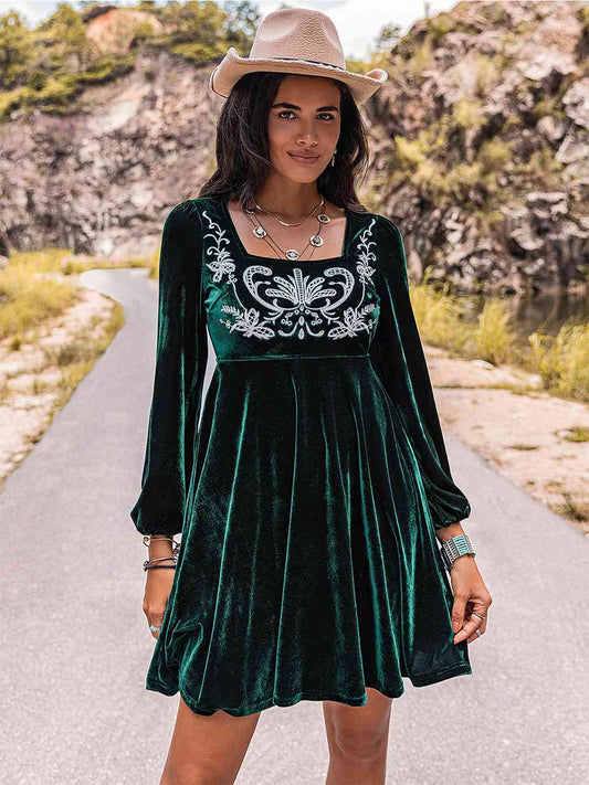 Embroidered Square Neck Long Sleeve Velvet Mini Dress in Black ForestMini DressBeach Rose Co.