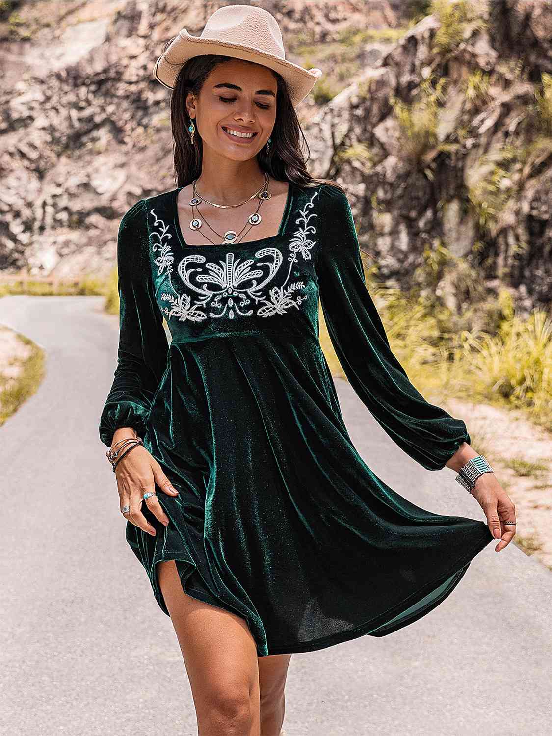 Embroidered Square Neck Long Sleeve Velvet Mini Dress in Black ForestMini DressBeach Rose Co.