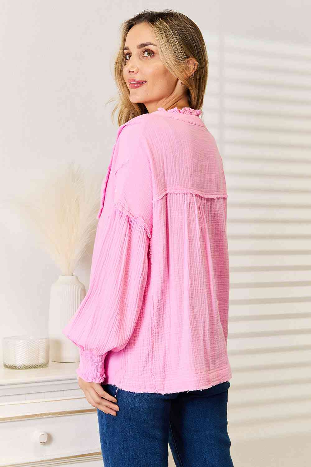 Exposed Seam Buttoned Notched Neck Cotton BlouseBlouseDouble Take