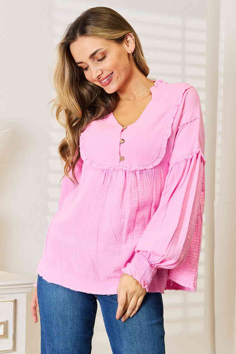 Exposed Seam Buttoned Notched Neck Cotton BlouseBlouseDouble Take