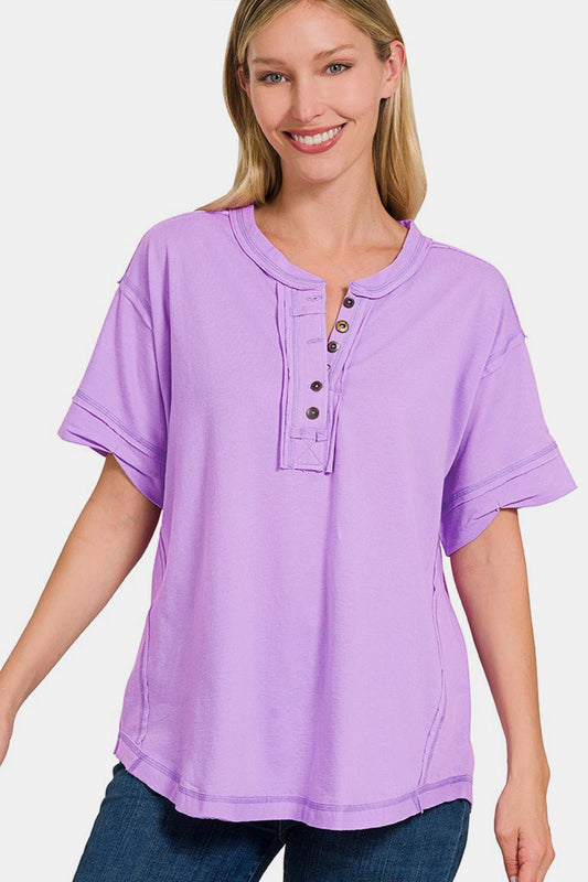 Exposed Seam Half Button Short Sleeve Top in LavenderTopZenana