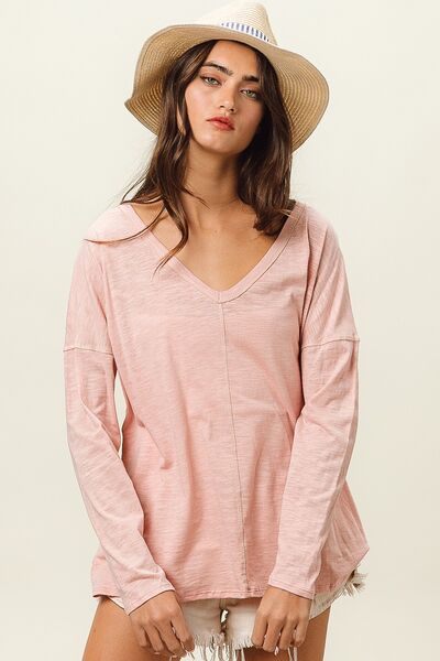 Exposed Seam V-Neck Long Sleeve T-Shirt in BlushT-ShirtBiBi