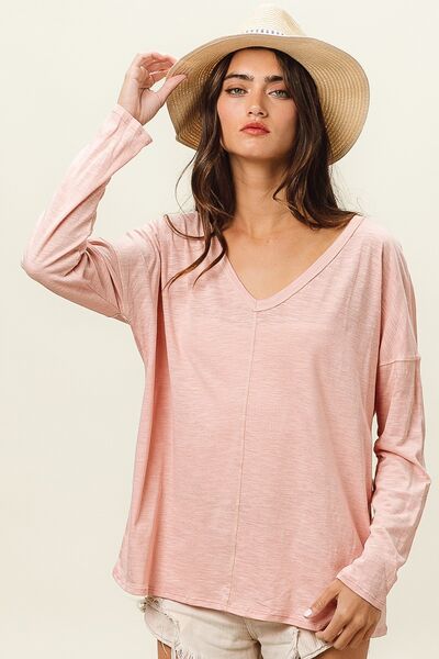 Exposed Seam V-Neck Long Sleeve T-Shirt in BlushT-ShirtBiBi