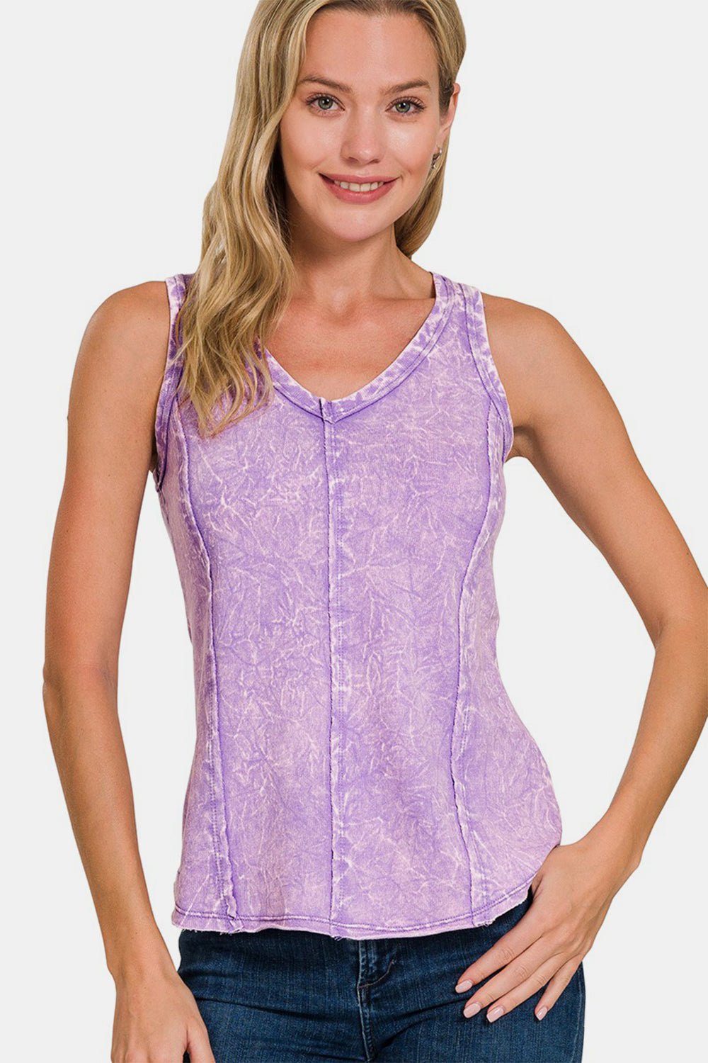 Exposed Seam V-Neck Wide Strap Tank in LavenderTankZenana