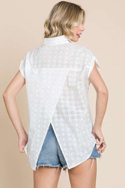 Eyelet Crisscross Back Button Up Shirt in Soft WhiteShirtCulture Code