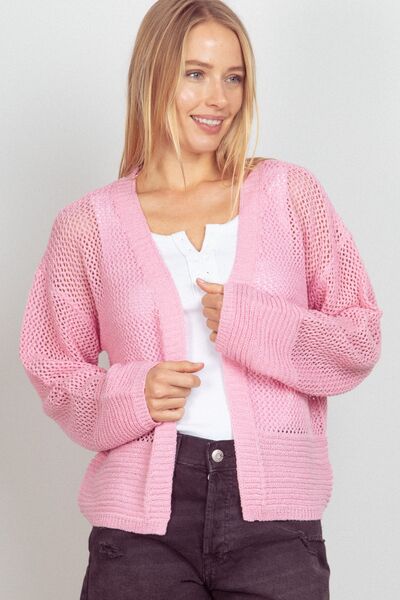 Eyelet Open Front Long Sleeve Cardigan in PinkCardiganVery J