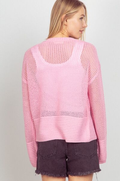 Eyelet Open Front Long Sleeve Cardigan in PinkCardiganVery J