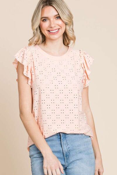 Eyelet Ruffled Cap Sleeve Top in Tropical PeachTopCulture Code