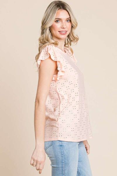 Eyelet Ruffled Cap Sleeve Top in Tropical PeachTopCulture Code