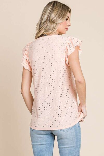 Eyelet Ruffled Cap Sleeve Top in Tropical PeachTopCulture Code