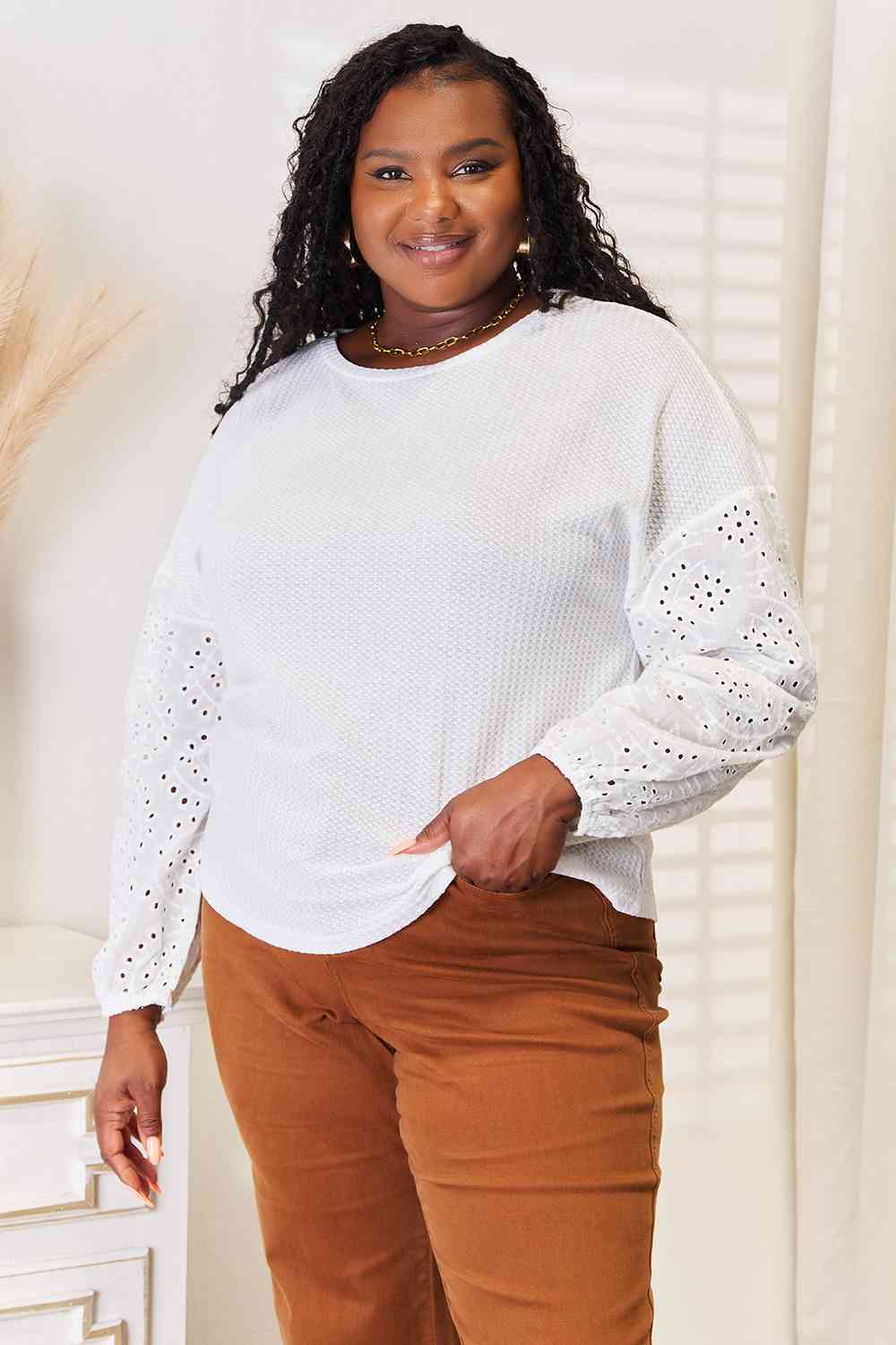 Eyelet Sleeve Dropped Shoulder Crew Neck BlouseBlouseDouble Take